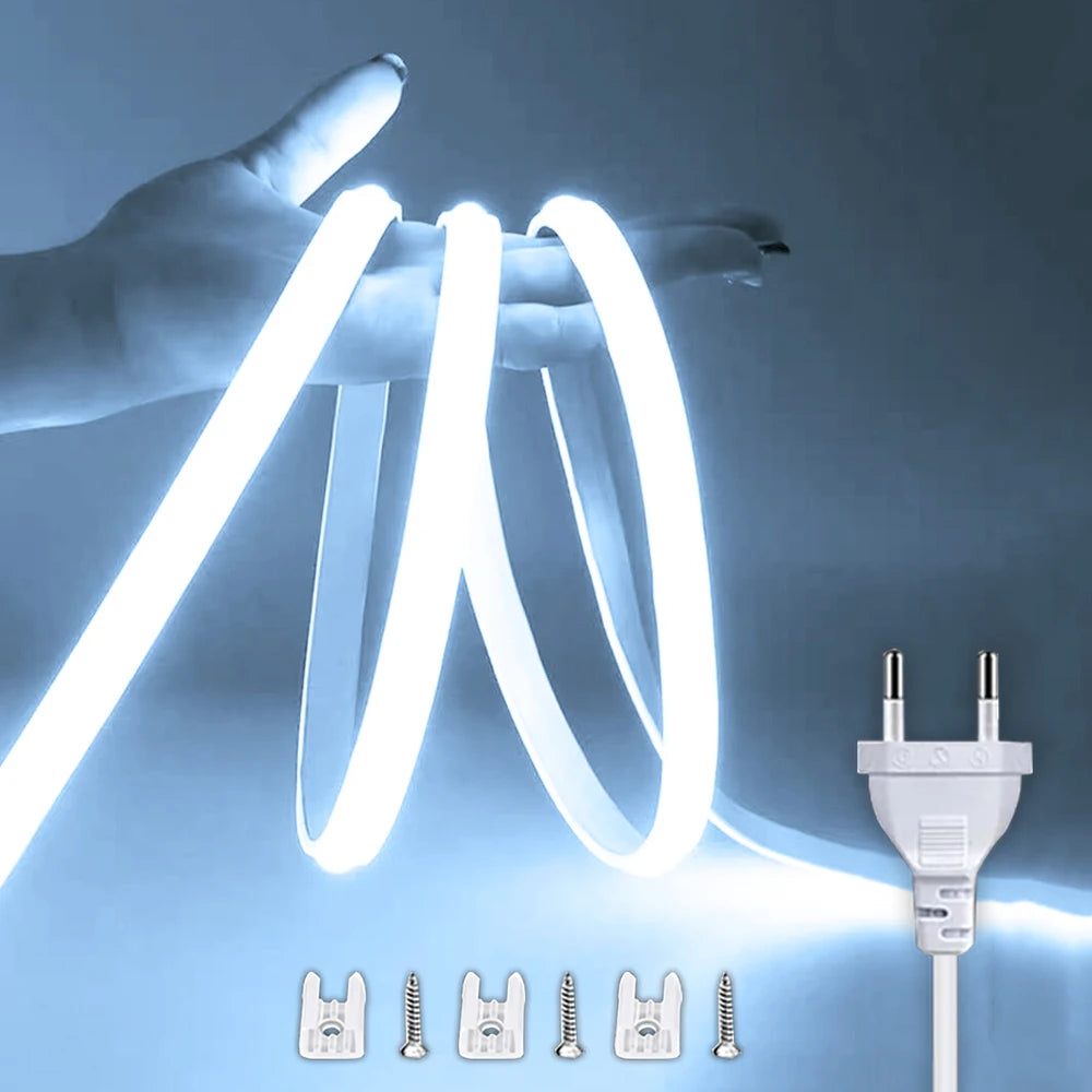 220V Led Strip with ON/OFF Switch Waterproof COB LED Strip 220V Flexible Ribbon for Room Bedroom Kitchen Outdoor Garden Lighting