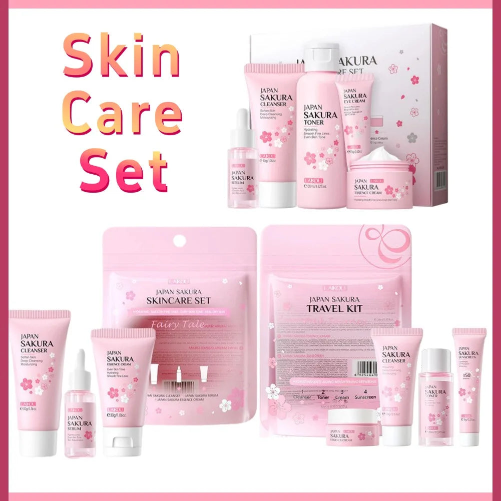 Sakura skin care sets with cleanser, serum, eye cream, facial cream