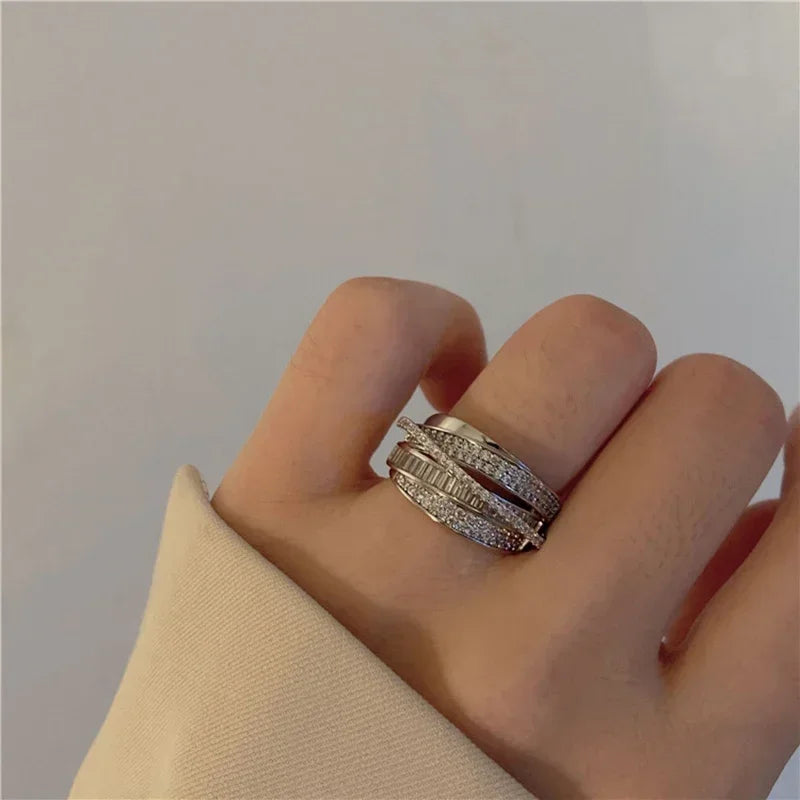 2024 Silver Color Rhinestone Ring Multi-layer Winding Rings for Women Wedding Full Zircon Finger Rings Fashion Jewelry Gifts