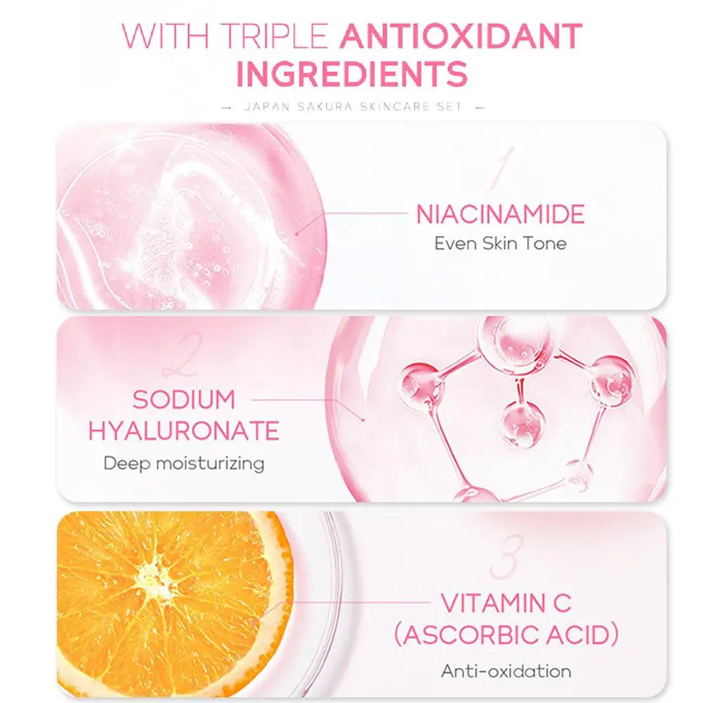 Sakura skin care sets with cleanser, serum, eye cream, facial cream