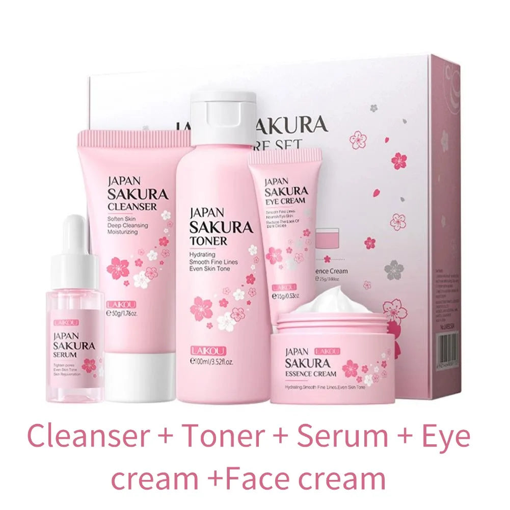 Sakura skin care sets with cleanser, serum, eye cream, facial cream