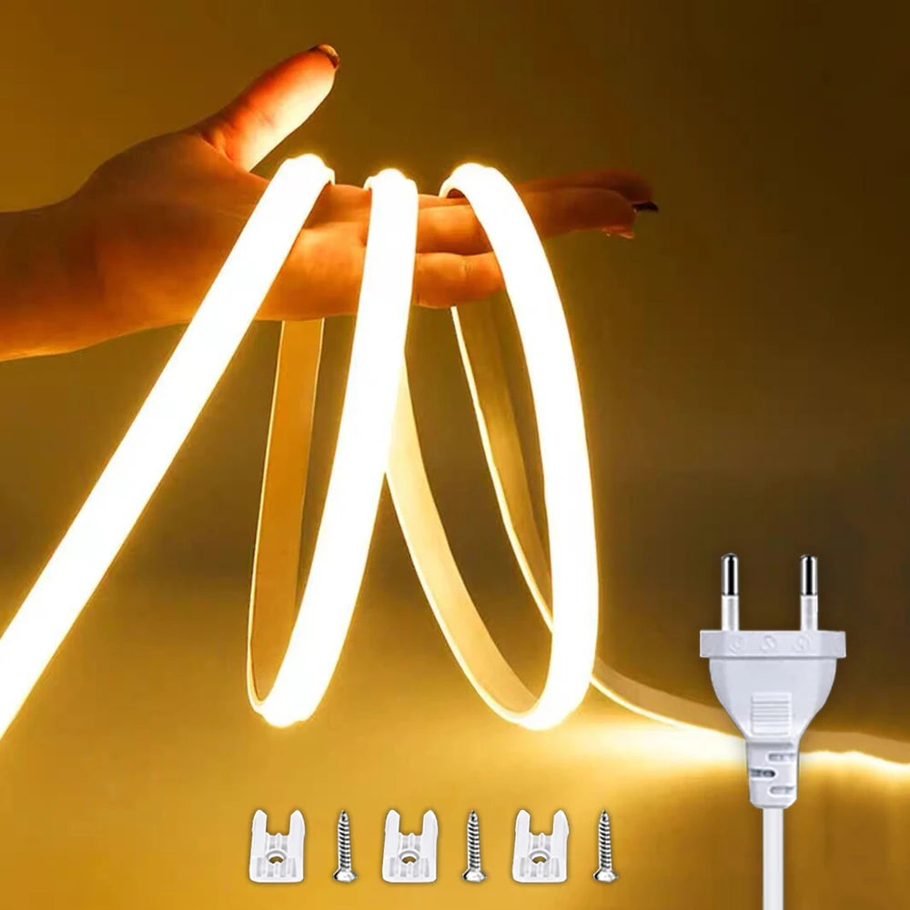 220V Led Strip with ON/OFF Switch Waterproof COB LED Strip 220V Flexible Ribbon for Room Bedroom Kitchen Outdoor Garden Lighting