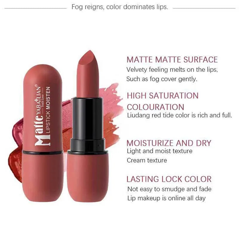 6-Color Matte Lipstick: Velvet Lip Color, Smooth